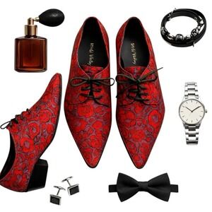 Wolf Valley Red Brocade Pointed Toe Oxford Brogue Men's Size 44 (US 10.5–11) EUC